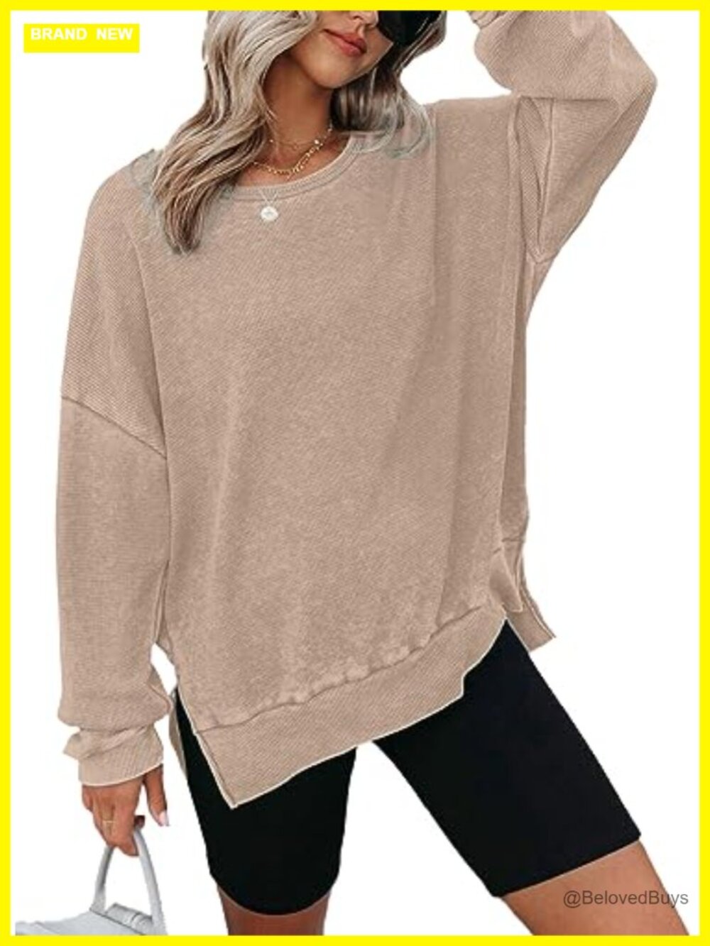 Oversized Waffle Knit Crewneck Sweatshirt Side Slits Pullover Top